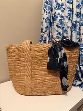 Draper James Woven Straw Tote with Navy Floral Scarf Accent